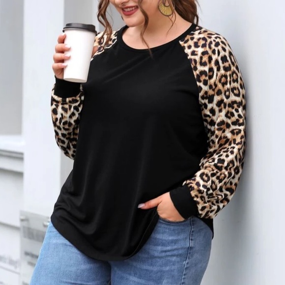 Tops - Plus size leopard sleeve blouse